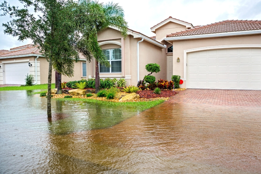 a home surrounded by standing flood water